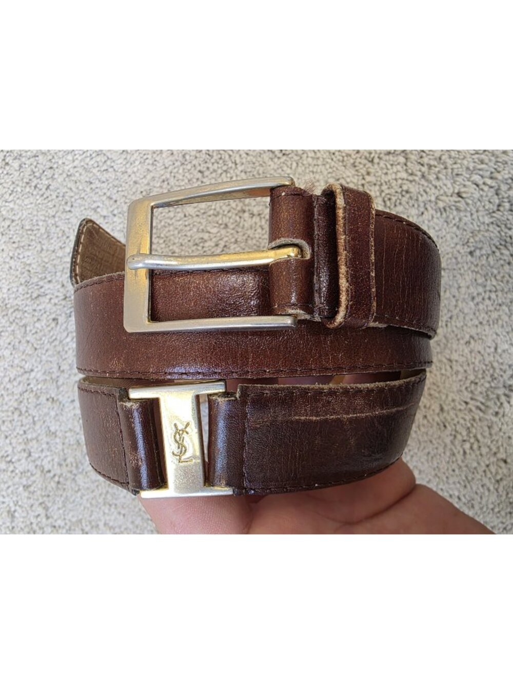 Vintage Yves Saint Laurent YSL Brown Leather Belt Gold Tone Logo Size 36/90